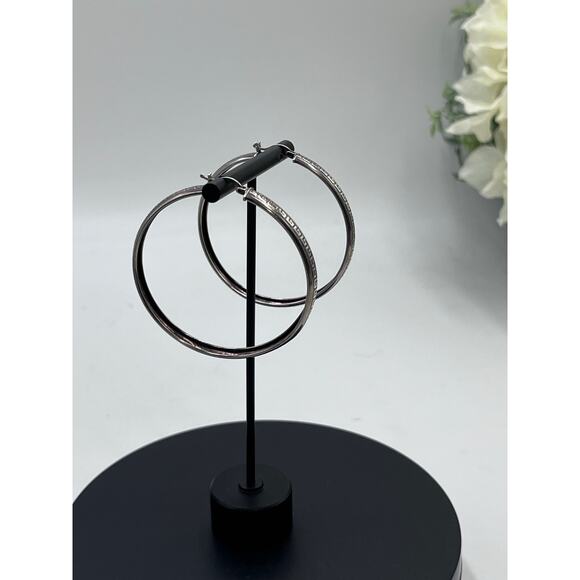 Sterling Silver 925 Stamped Large Greek Pattern 2.25” Hoop Pierced Earrings - Picture 4 of 8